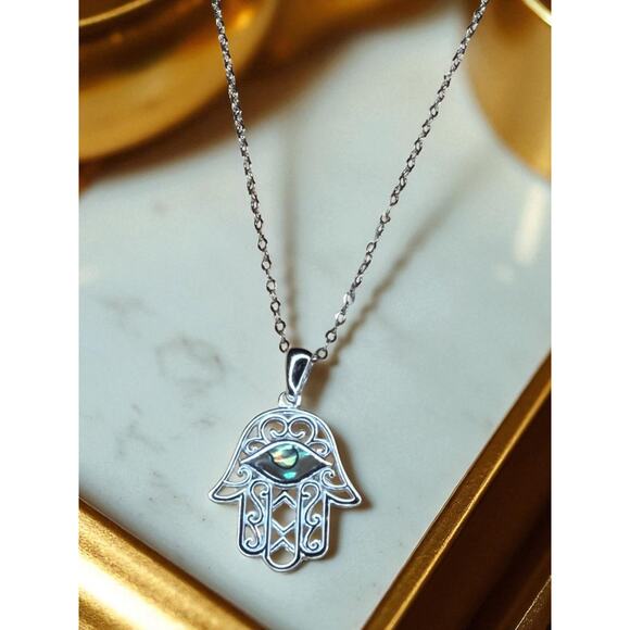 Sterling Silver Hasma Charm Necklace 16" Elegant Fashion Style Hand Of Fatima - Picture 1 of 16